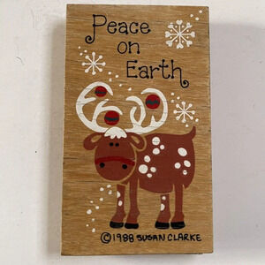 Peace On Earth Fridge Magnet Moose Snow Flakes Wooden Decor Susan Clark 1988